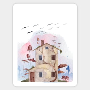 Cute House and Giant Mushrooms Fantasy Illustration Sticker